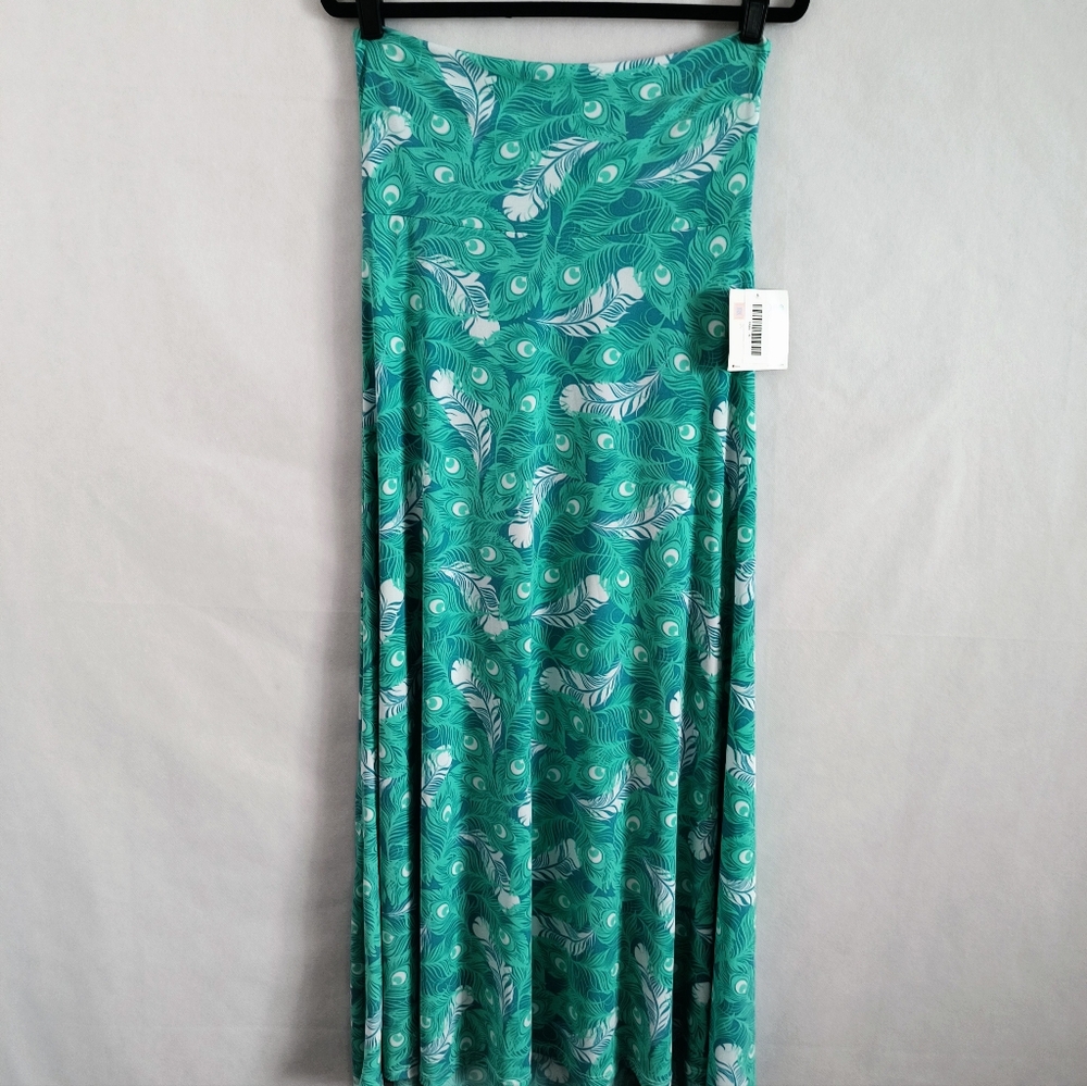 LuLaRoe Green Feather Print Maxi Skirt NWT Women's Small